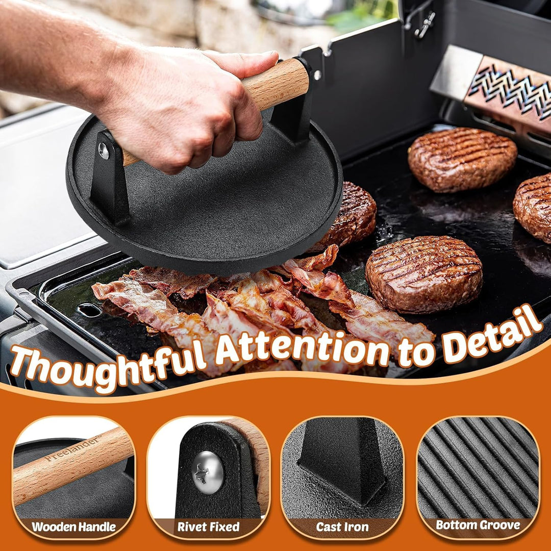 Freelander Burger Smasher Gusseisen, Gross Smash Burger Press Rund 1kg mit Hitzeabweisendem Griff, G