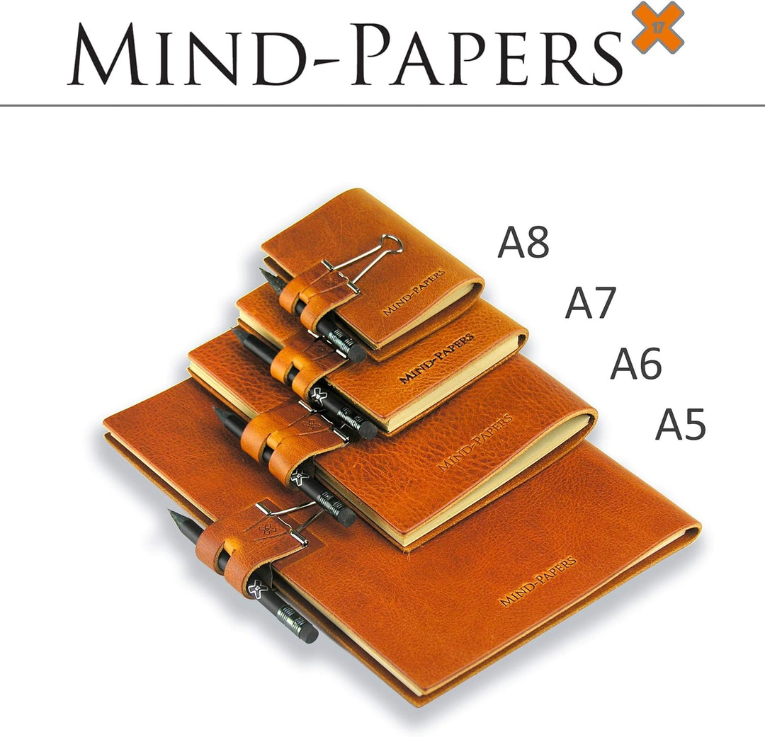 A5 Mind-Papers, revolutionäres X17-Karteikarten-Lernkarten-Box-Konzept! Recyceltes Leder orange, nac