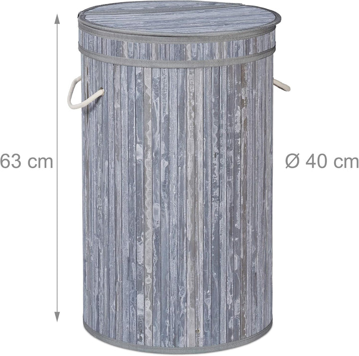 Relaxdays Wäschekorb Bambus, runder Wäschesammler mit Klappdeckel, 65 l, faltbare Wäschetonne, gross