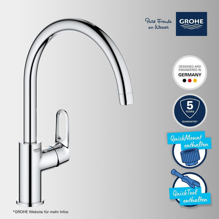 GROHE Start Flow - Einhand-Spültischbatterie (Einlochmontage, hoher Auslauf mit Mousseur), chrom, 31