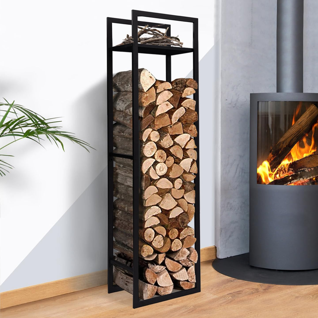 IDMarket - Vertikales Kaminholzregal, Stahl, schwarz, mit Regal, Höhe 170 cm, für Kamin