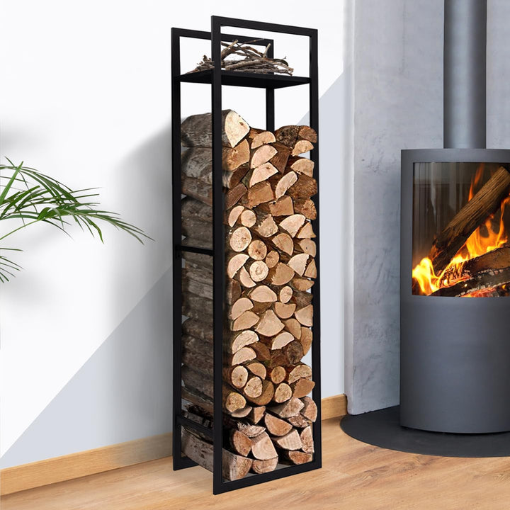 IDMarket - Vertikales Kaminholzregal, Stahl, schwarz, mit Regal, Höhe 170 cm, für Kamin