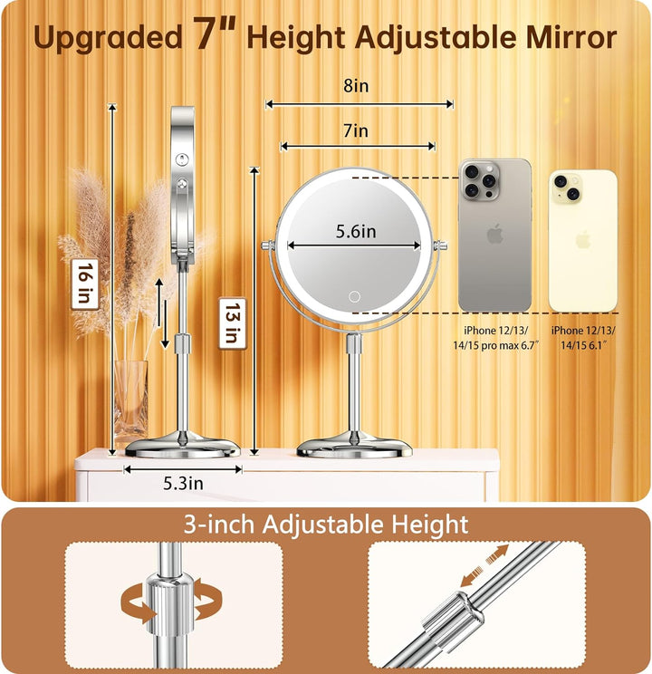 Gospire Wiederaufladbar Kosmetikspiegel mit Licht, 1X/10X Vergrösserung, 3 Farben Dimmable & Höhenve