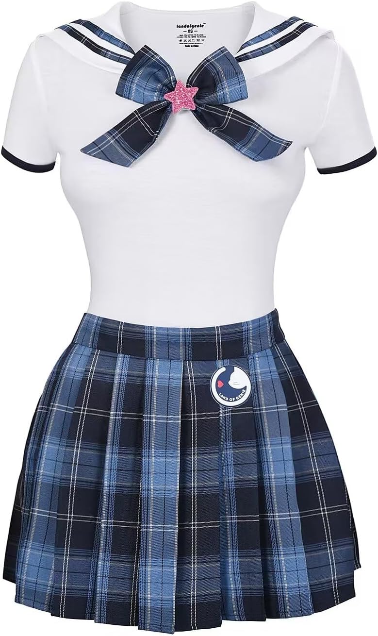 Landofgenie Damen Onesie Baumwolle Bodysuit Set für Damen Cosplay JK-Uniform Mädchen Rock-Sets Blau
