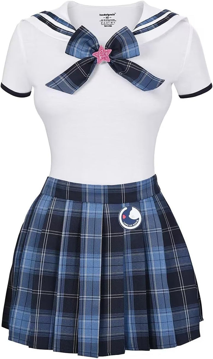 Landofgenie Damen Onesie Baumwolle Bodysuit Set für Damen Cosplay JK-Uniform Mädchen Rock-Sets Blau