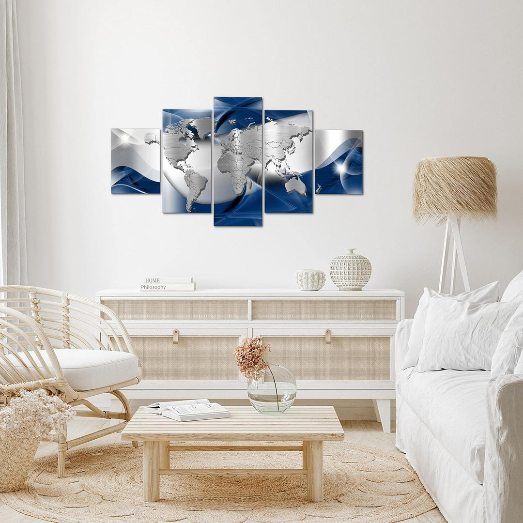 Runa Art Wandbilder Weltkarte 5 Teilig Bild auf Vlies Leinwand Deko Büro Wohnzimmer Abstrakt Silber