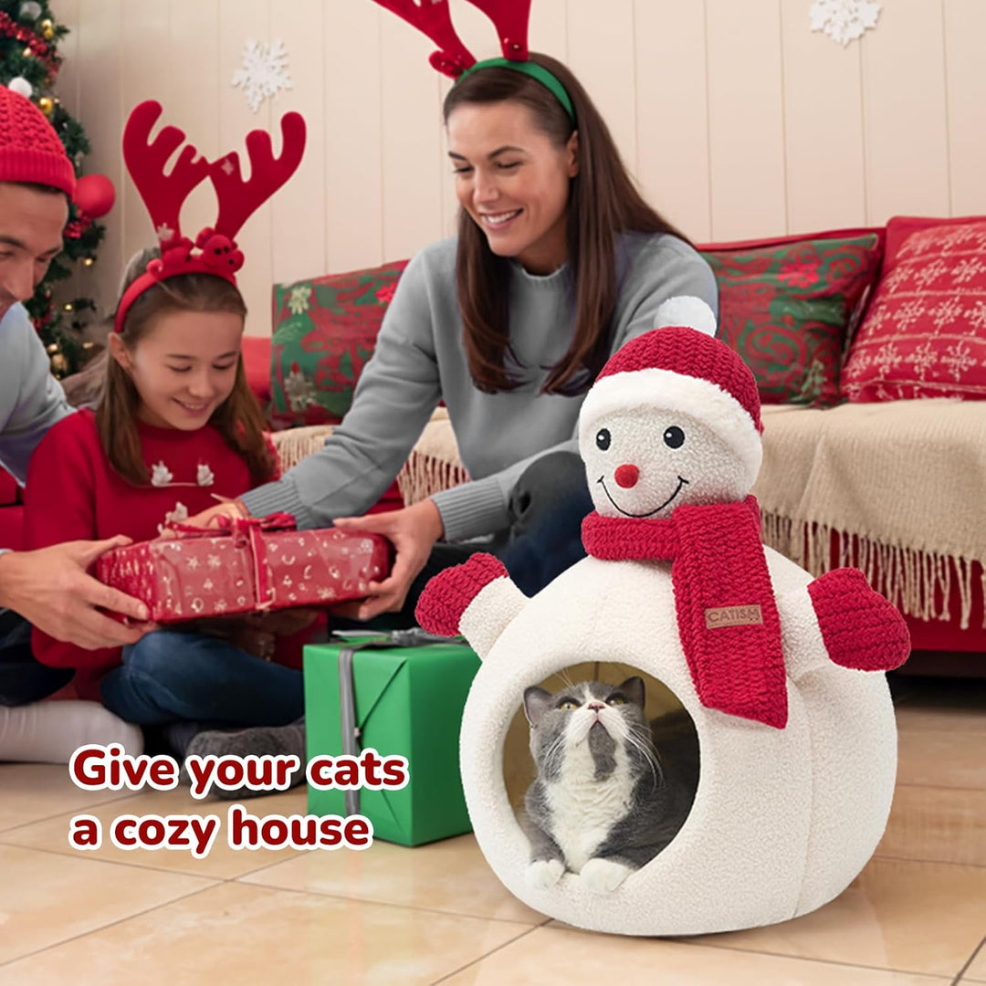 CATISM Weihnachten Katzenhöhle - 42 x 42 x 55 cm Katzenbett für Indoor-Katzen, Niedliche Schneemann