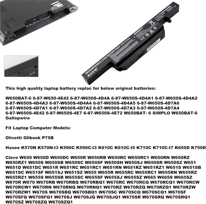 BLESYS Akku Clevo W650BAT-6 6-87-W650-4E42 6-87-W650S-4D4A3 Kompatibel mit Laptop Akku Clevo W650 W6