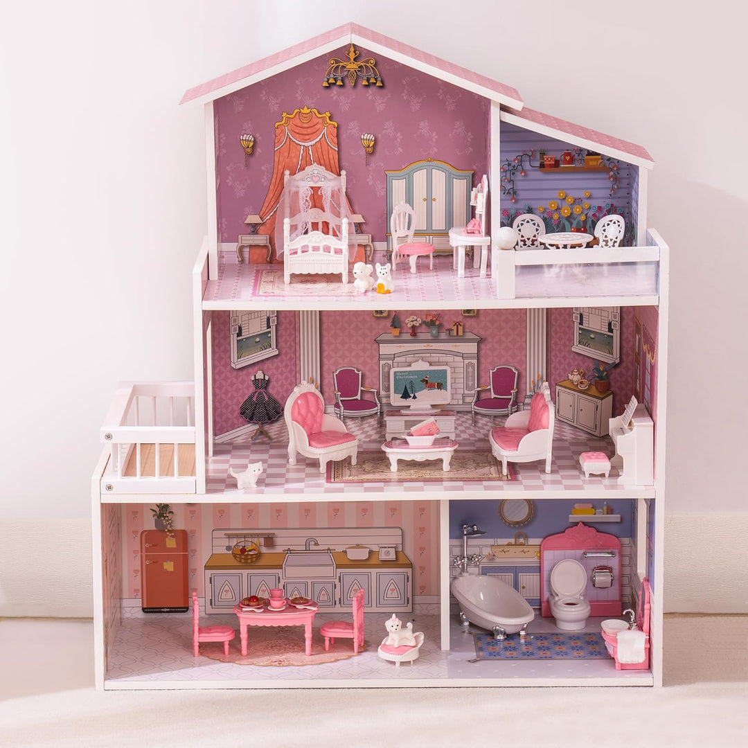 ROBUD hölzernes Puppenhaus Spielset, 3 Geschichten, 5 Zimmer, 24 PCS Möbel, vorgeben Spiel Spielzeug