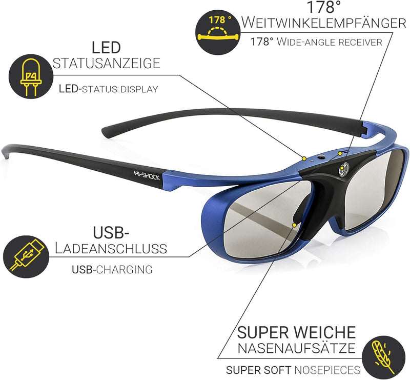 Hi-Shock BT Pro Deep Heaven aktive 3D Brille für 3D TV von Sony, Samsung, Panasonic & 3D-RF Beamer v