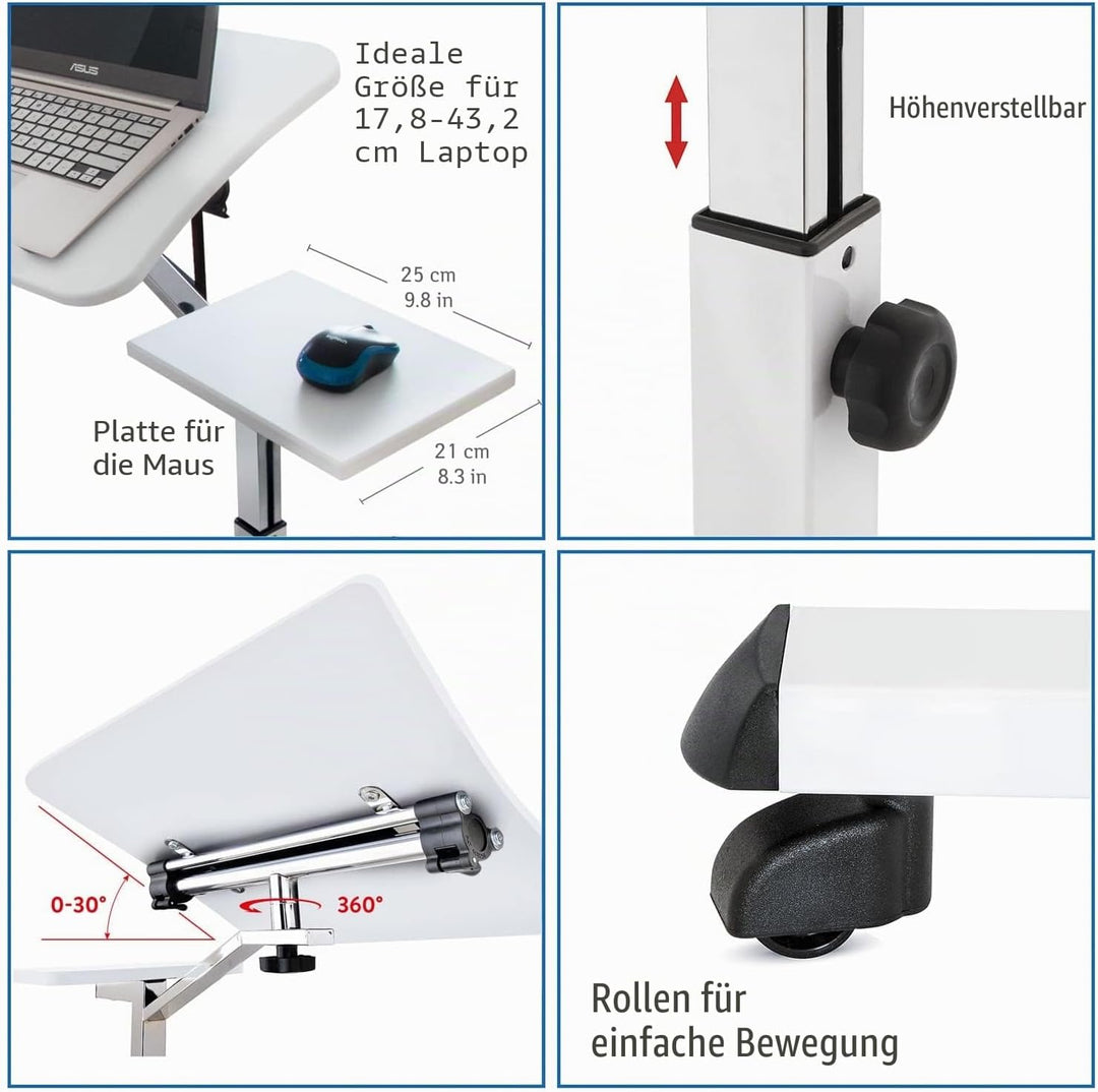 Tatkraft Like Laptop Ständer auf Rollen, Laptoptisch Höhenverstellbar Stehpult, Bett Beistelltisch W