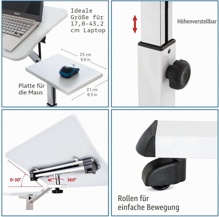 Tatkraft Like Laptop Ständer auf Rollen, Laptoptisch Höhenverstellbar Stehpult, Bett Beistelltisch W