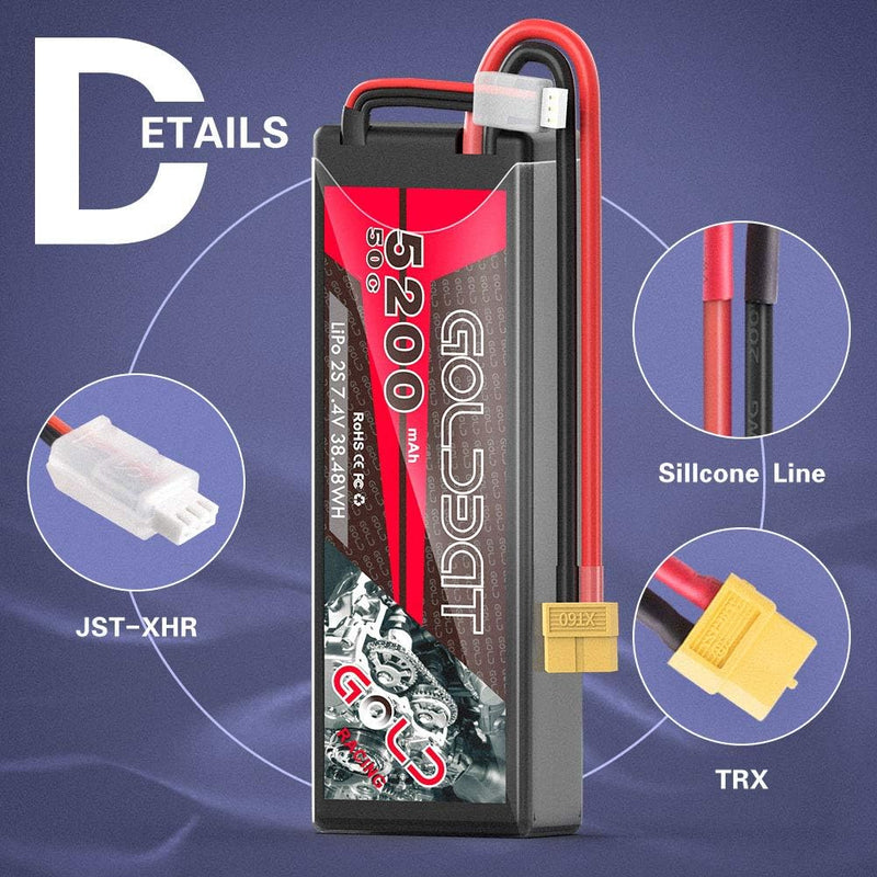 GOLDBAT 2S Lipo RC Akku 7,4V 50C 5200mAh LiPo Akku Hardcase Pack mit XT60 Stecker für RC Auto Evader