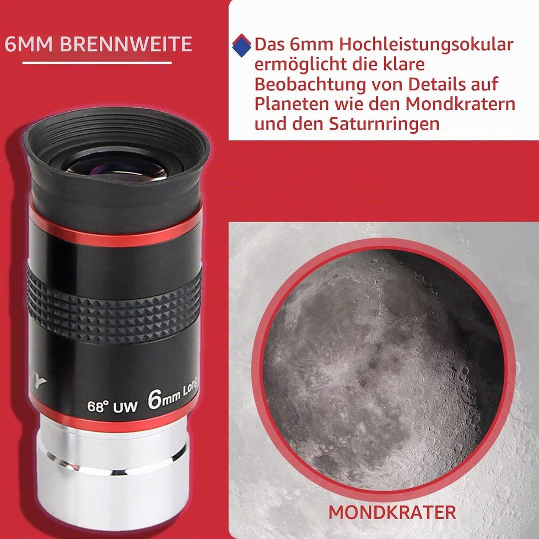 Svbony Teleskop Okular 6mm, 1,25” 68° Weiterwinkel Angenehmes Okulare FMC Sichtfeld Scharfe Bilder,