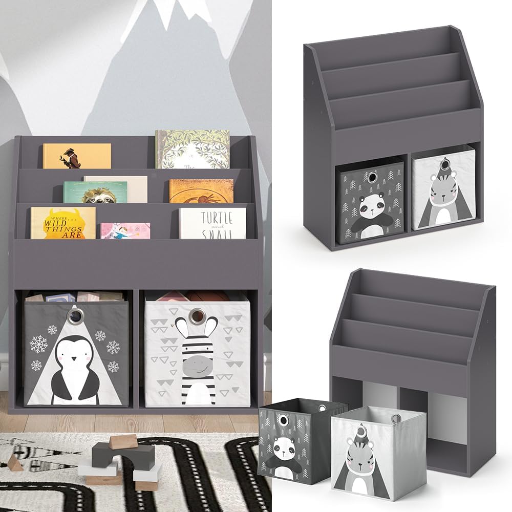 Vicco Kinderregal Luigi, Grau, 72 x 79 cm mit 2 Faltboxen Opt.2 Grau 72x79 mit Faltboxen Panda/Tiger