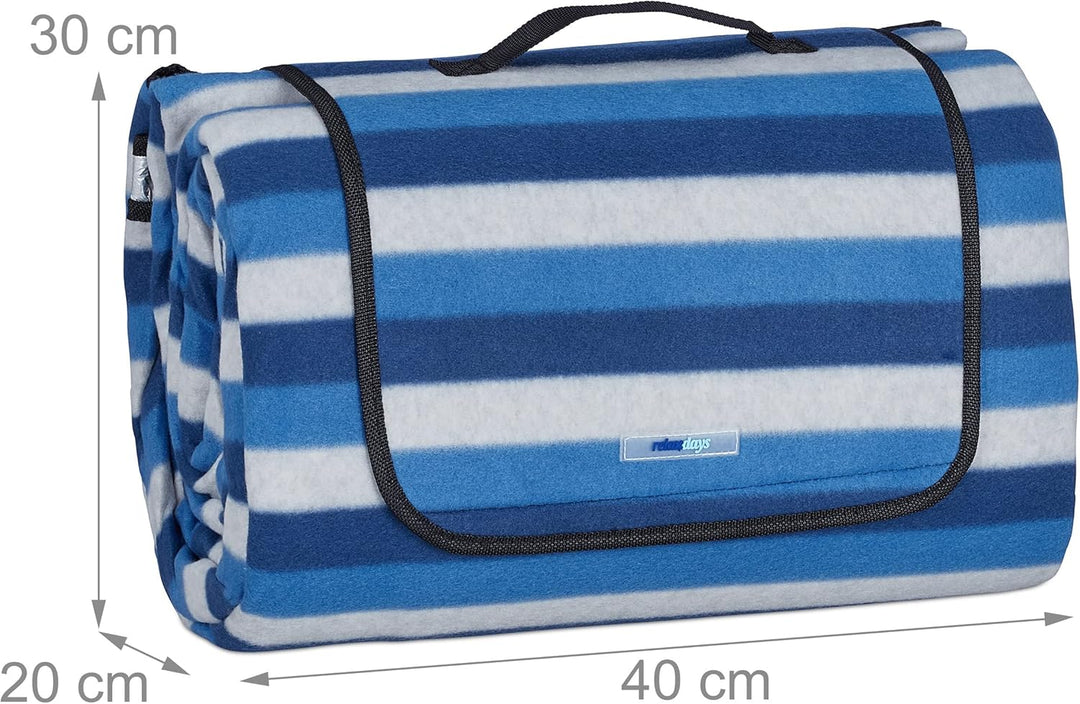 Relaxdays XXL Picknickdecke, 200x300 cm, isoliert, wasserdicht, gestreifte Fleece Stranddecke, Trage