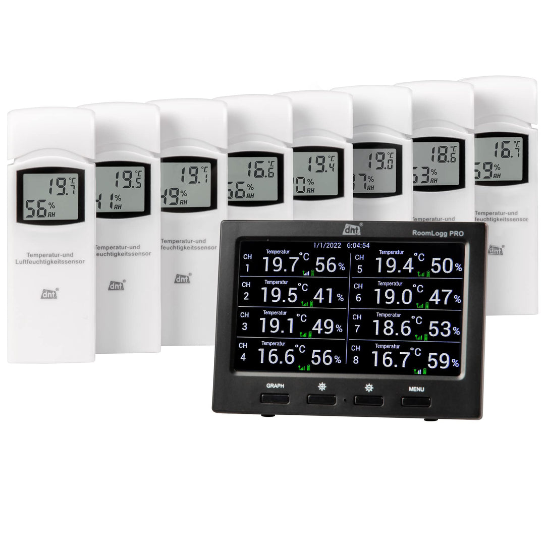 dnt Spar-Set Funk-Raumklimastation RoomLogg PRO, mit 8 Thermo-/Hygrosensoren und Auswertesoftware