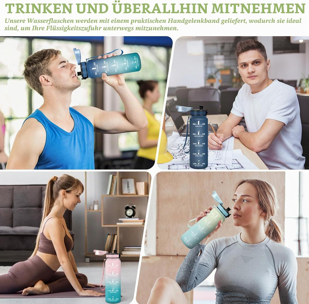 HoneyHolly Trinkflasche 1L, Auslaufsicher mit Zeitmarkierung, Wasserflasche, Sportflasche mit Filter
