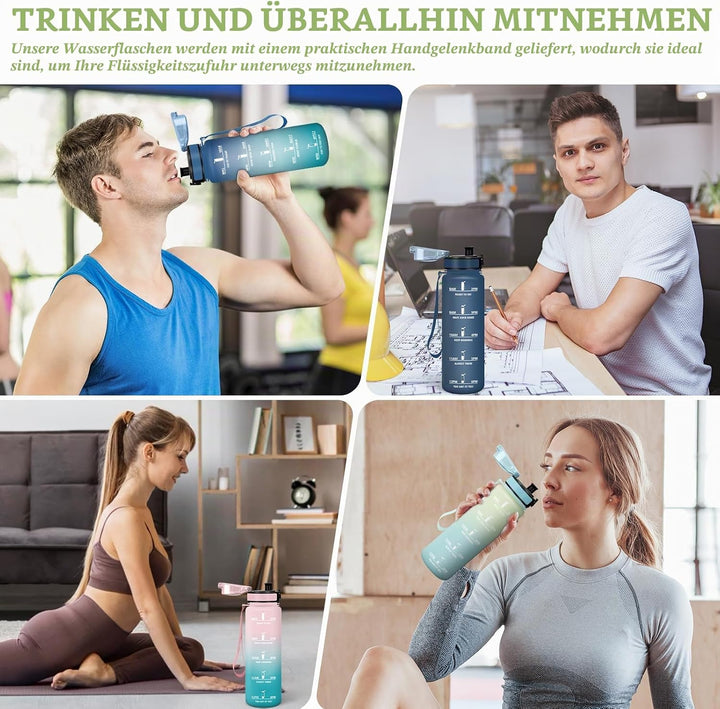 HoneyHolly Trinkflasche 1L, Auslaufsicher mit Zeitmarkierung, Wasserflasche, Sportflasche mit Filter
