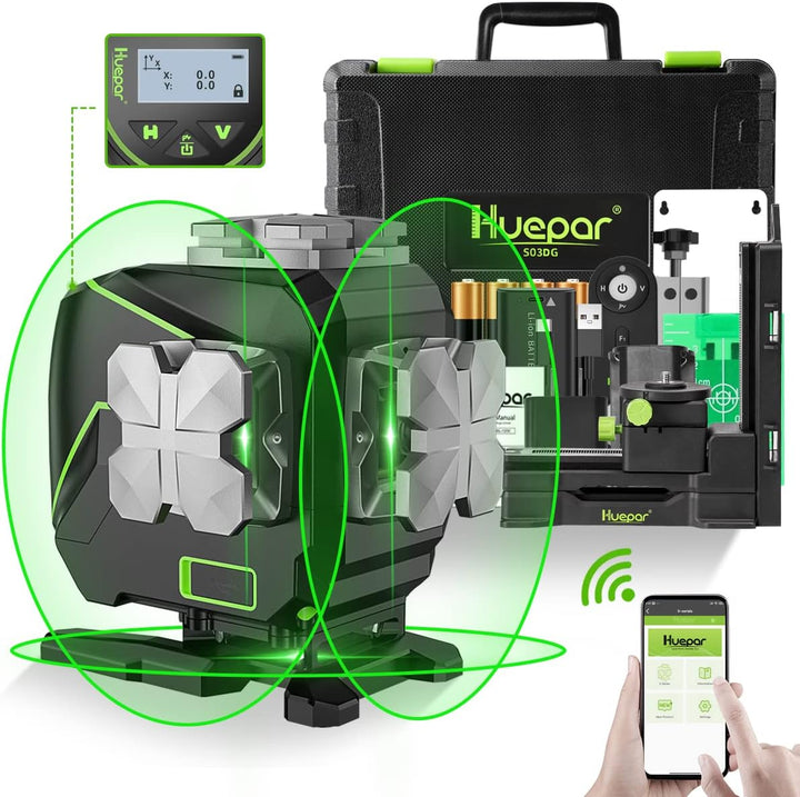 Huepar 3x360°selbstnivellierendes Laserniveau mit LCD-Bildschirm, 3D Bluetooth-Verbindung Grüner Str