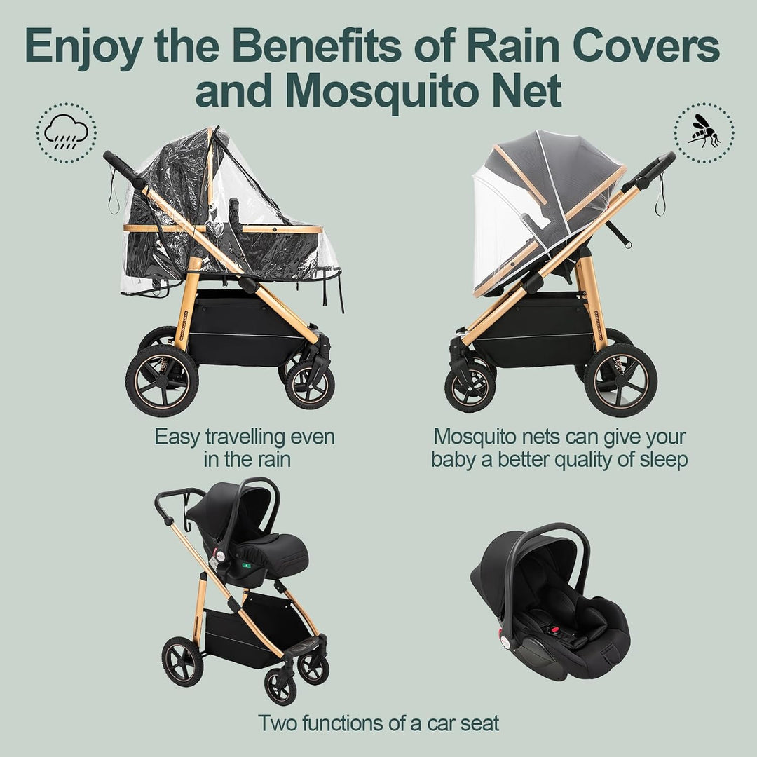 Kinderwagen 3 in 1 mit ISOFIX-Basis & Autositz, Reise Stroller, Kinderwagen & Buggys mit verstellbar