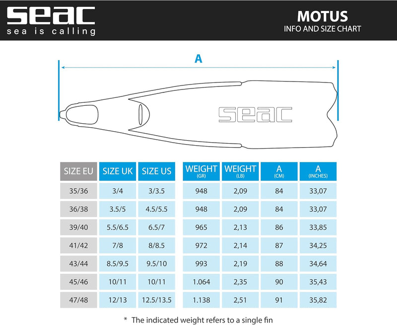 Seac Motus, Langen Flossen für Apnoe und Tauchen, optimale Passform 43/44 Schwarz, 43/44 Schwarz