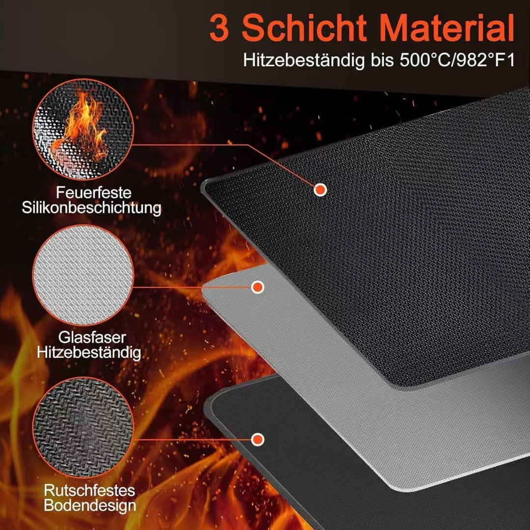 Grillunterlage 100 × 150cm, Glasfasersilikon Hitzeschutzmatte, Grillmatte Bodenschutz, Bodenschutzma