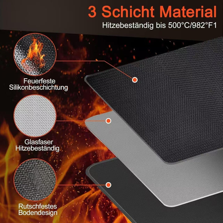 Grillunterlage 100 × 150cm, Glasfasersilikon Hitzeschutzmatte, Grillmatte Bodenschutz, Bodenschutzma