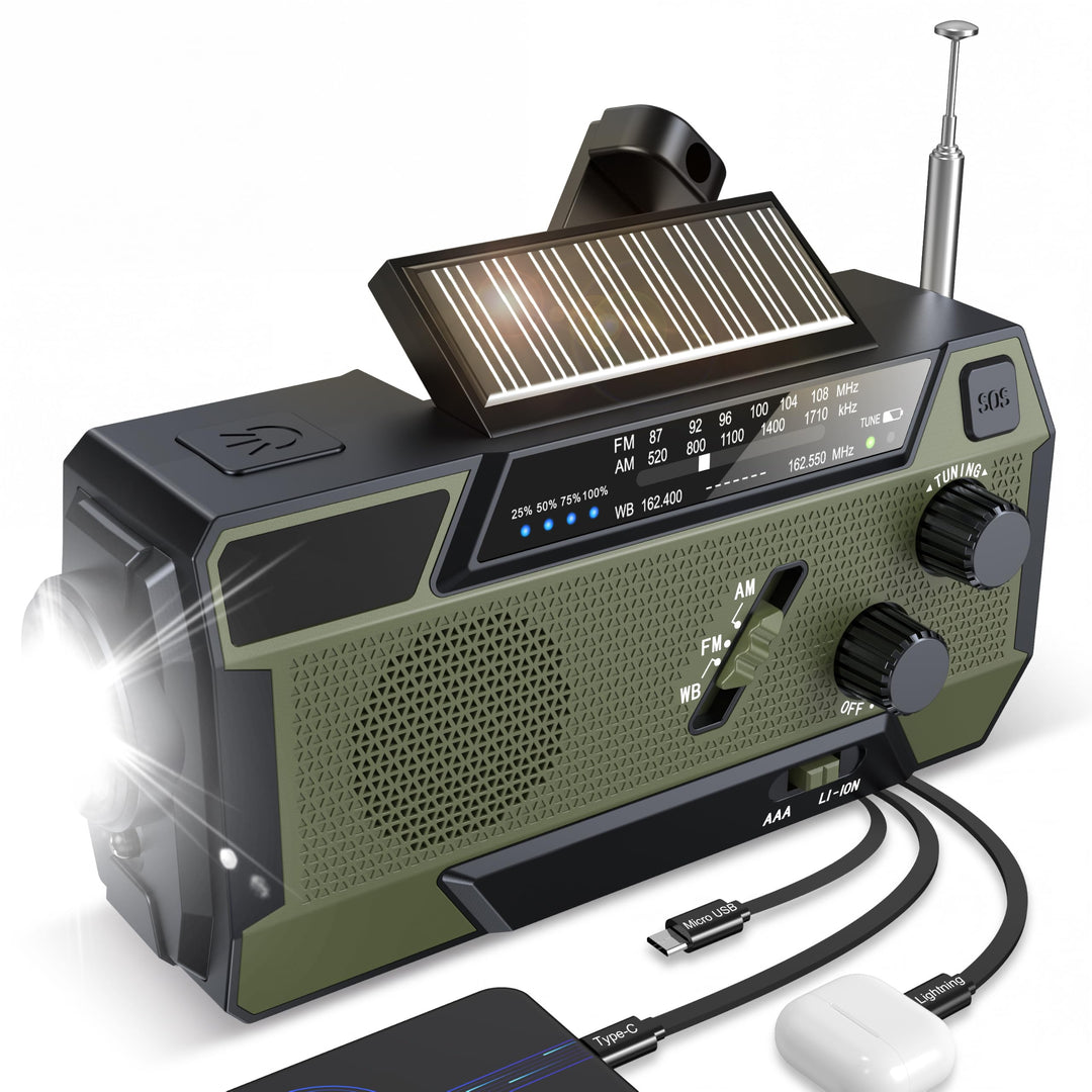 Kurbelradio Notfallradio 4000mAh (14800 mWh) Akku, Powerbank mit 3 integrierten Kabeln, Radio mit Ku