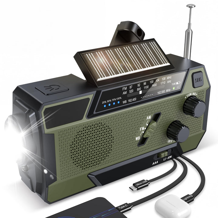 Kurbelradio Notfallradio 4000mAh (14800 mWh) Akku, Powerbank mit 3 integrierten Kabeln, Radio mit Ku