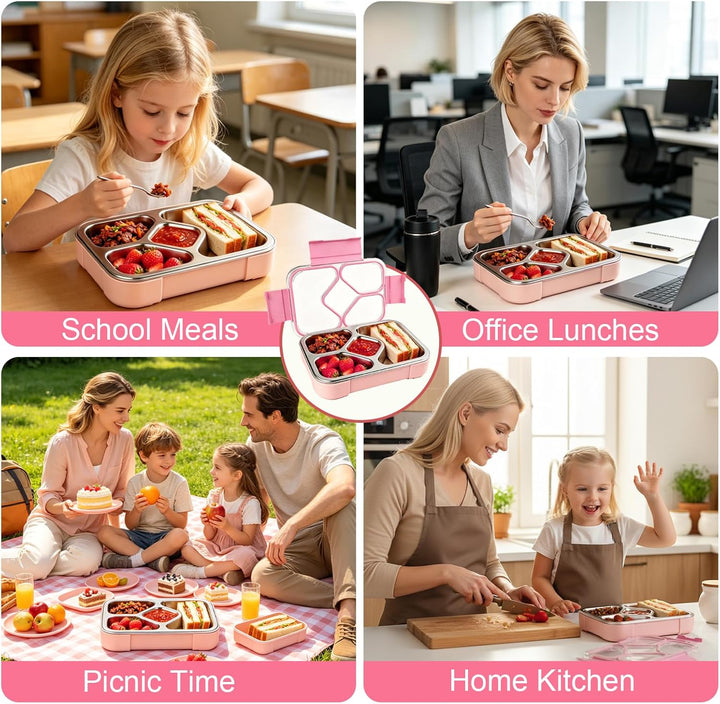 Edelstahl Brotdose Kinder,1020ml Metall Bento Lunchbox mit 4 Fächern Auslaufsichere Brotbox Kinderga
