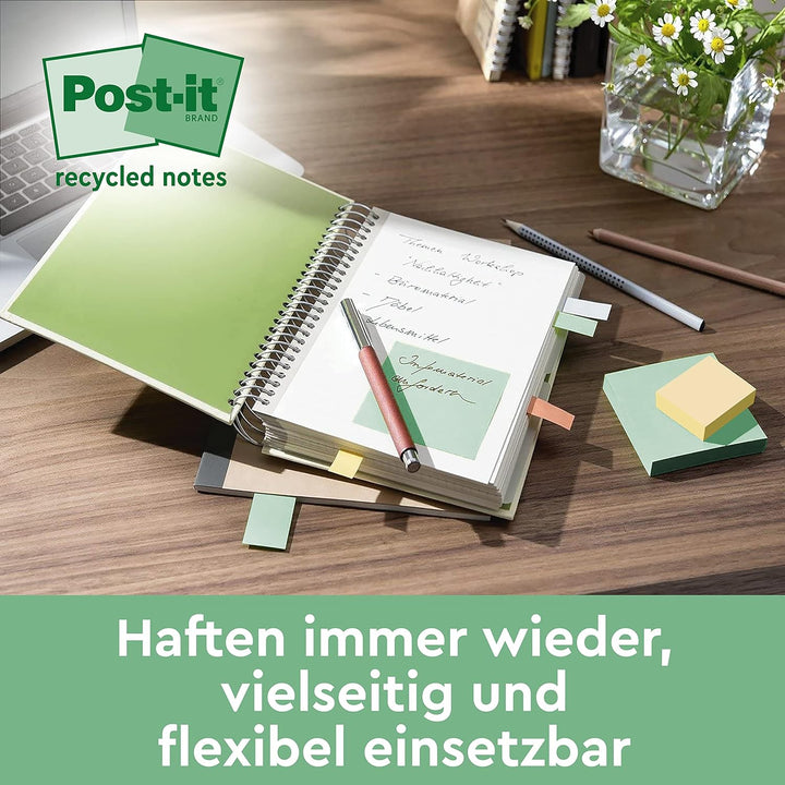 Post-it Recycling Notes, Assortierte Farben, Packung mit 16 Blöcken, 100 Blatt pro Block, 76 mm x 12