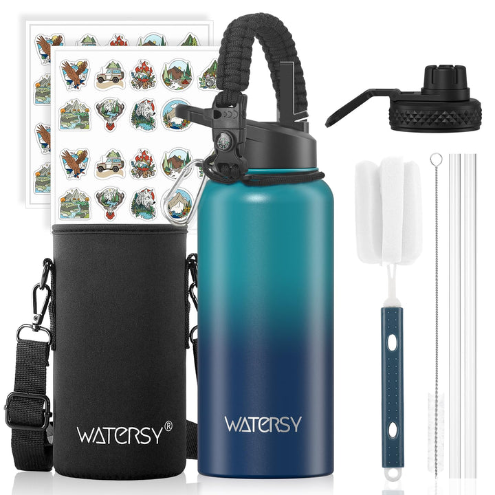 WATERSY Isolierte Edelstahl Trinkflasche 32oz Vakuumisolierte Thermosflasche mit 2 Deckel Auslaufsic