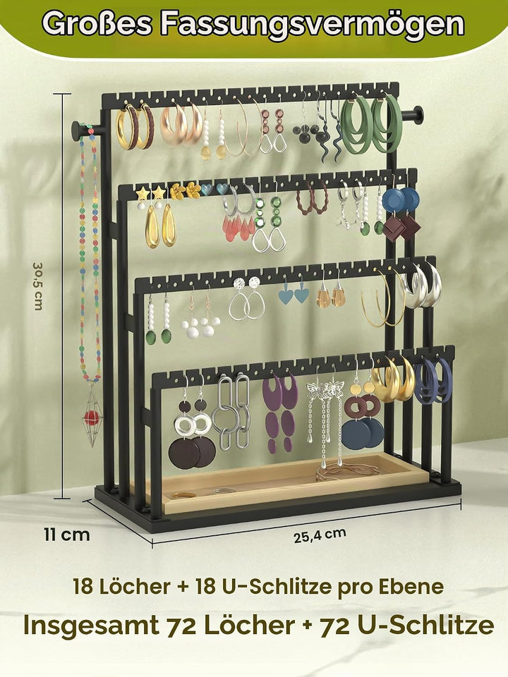 THYGIFTREE 4 Tier Ohrringständer mit 140 Löchern, Schmuckständer mit Holzschale, Schmuckaufbewahrung