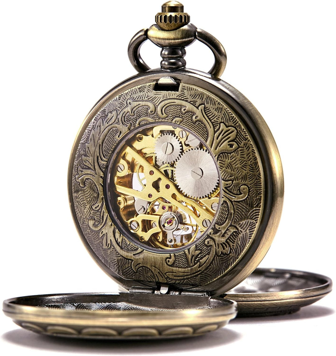 TREEWETO Unisex Taschenuhr mit Kette Analog Handaufzug Antik Skelett Römische Ziffern (Bronze054)