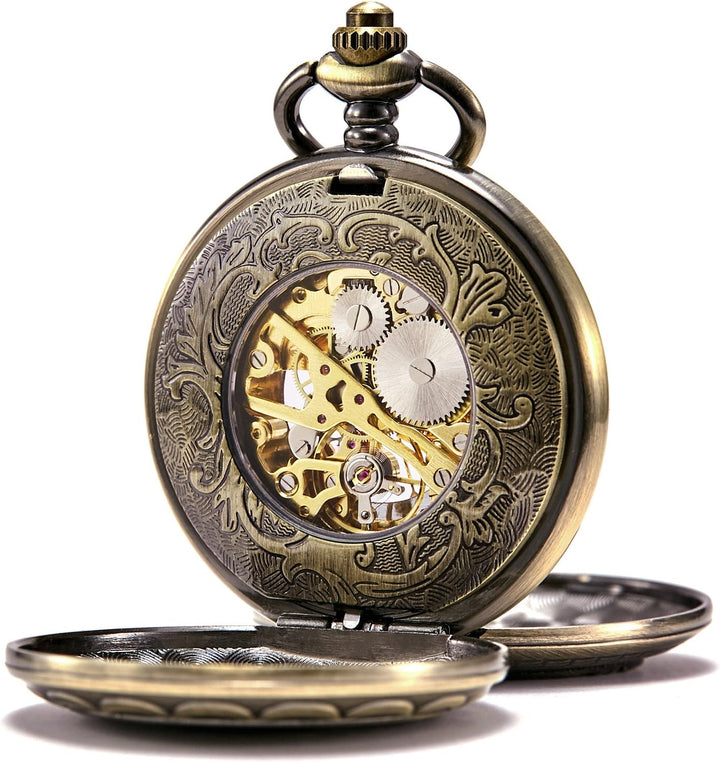 TREEWETO Unisex Taschenuhr mit Kette Analog Handaufzug Antik Skelett Römische Ziffern (Bronze054)