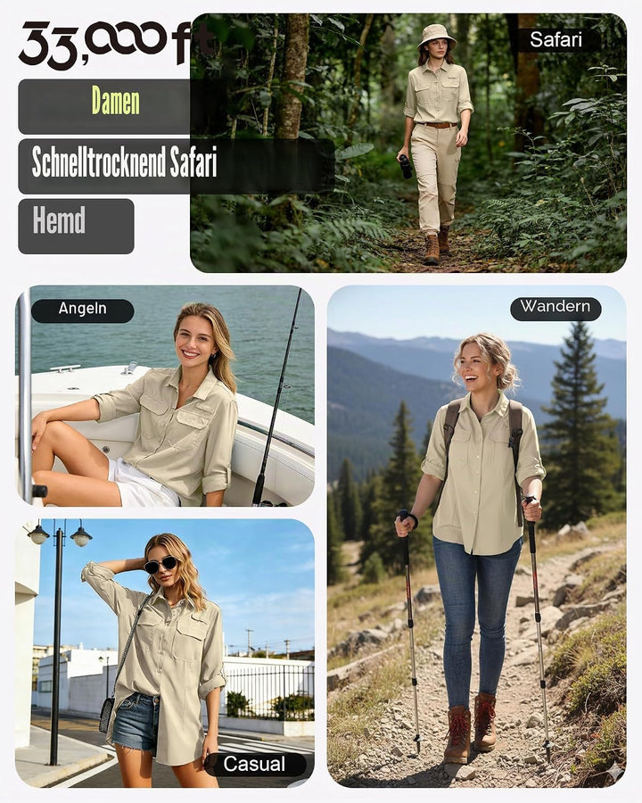 33,000ft Hemdbluse Damen UPF50 UV Schutz Hemd Schnelltrocknende Button-Down Shirts Atmungsaktive Wan