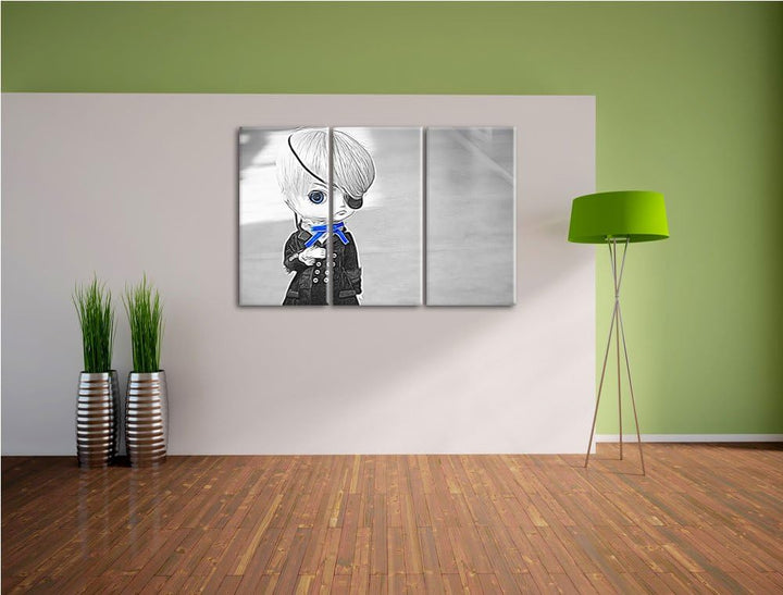 hübsche verwegene Pullip-Puppe mit Augenklappe schwarz/weiss Spezial 3-Teiler Leinwandbild 120x80 Bi