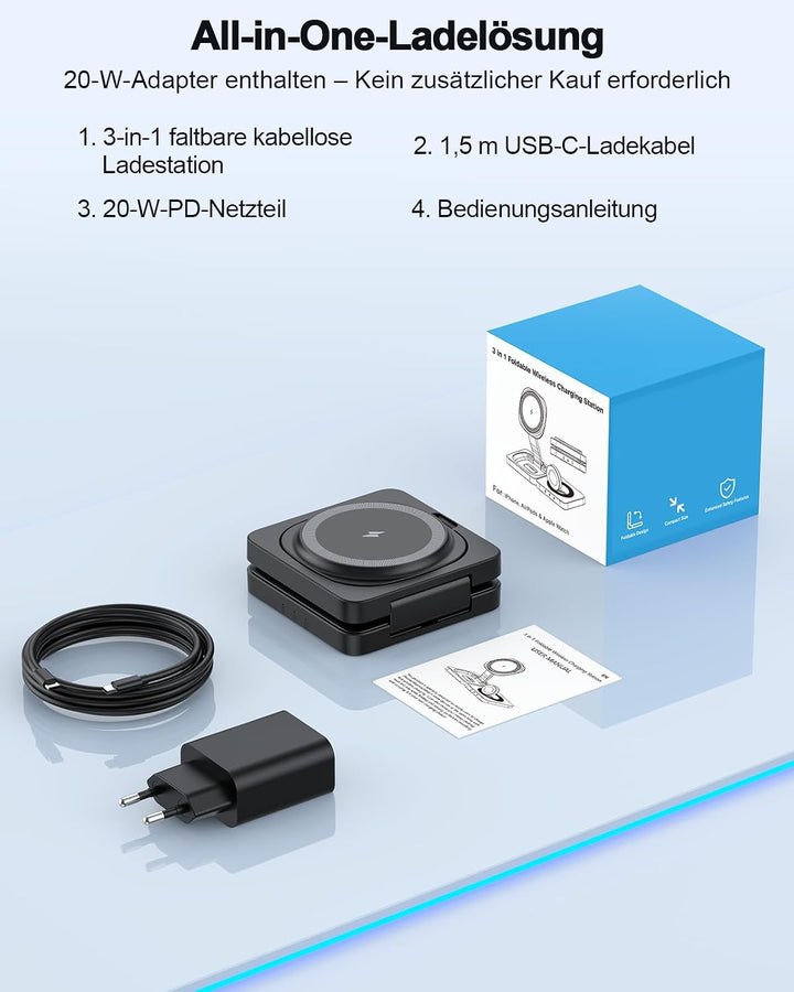 3 in 1 Mag Safe Ladestation für iPhone 17/16/15/14/13/12, ADADPU Faltbare Ladestation Apple Watch un