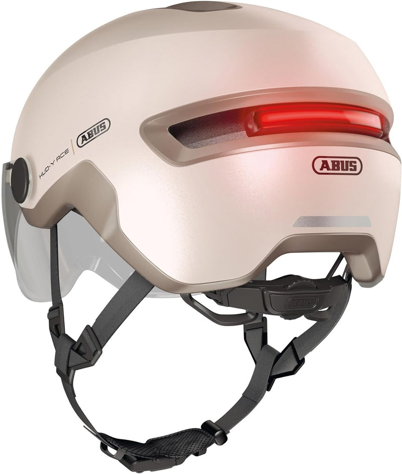 ABUS Stadthelm HUD-Y ACE - stylischer Fahrradhelm mit Visier und magnetischem, aufladbarem LED-Rückl