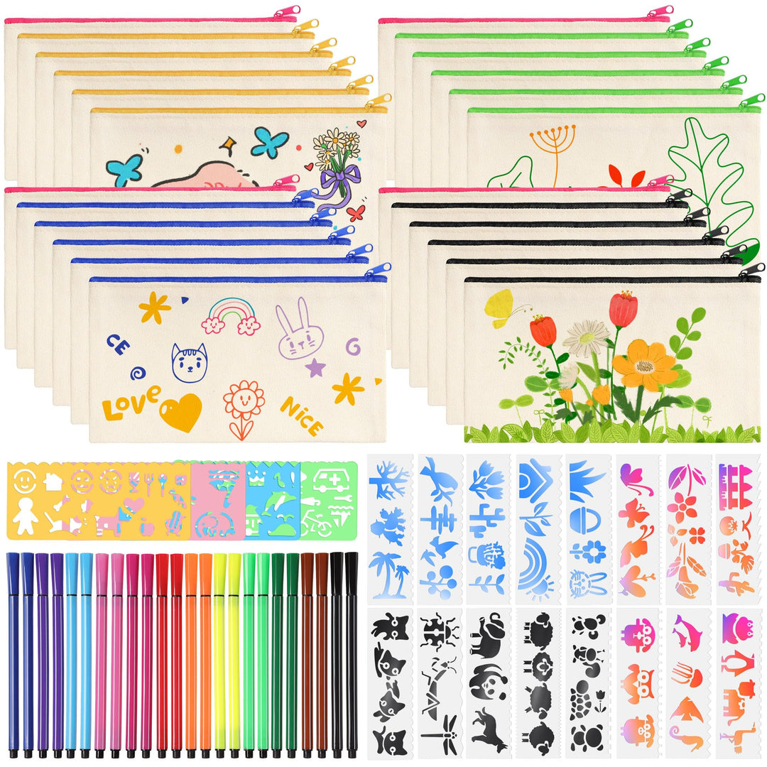 24 Stück DIY Stoff Federmäppchen, Leinwand Federmäppchen zum Bemalen, Mäppchen zum bemalen, 24 Bunts