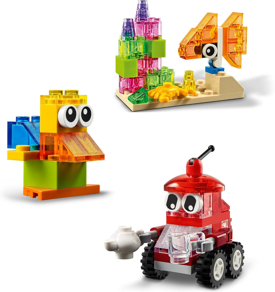 LEGO Classic Kreativ-Bauset mit durchsichtigen Steinen, mit Löwe, Vogel und Schildkröte, Konstruktio