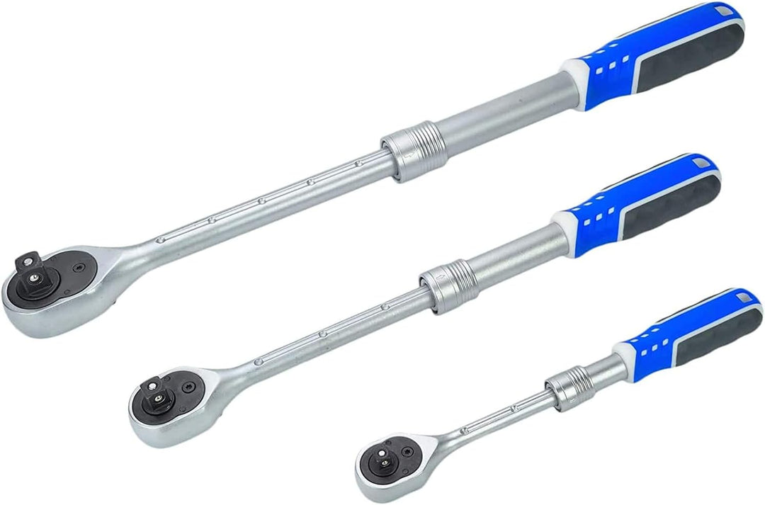HASKYY | 1/2" + 3/8" + 1/4" | Teleskop-Ratsche-Knarre-Set I Umschaltknarre ausziehbar | feinverzahnt