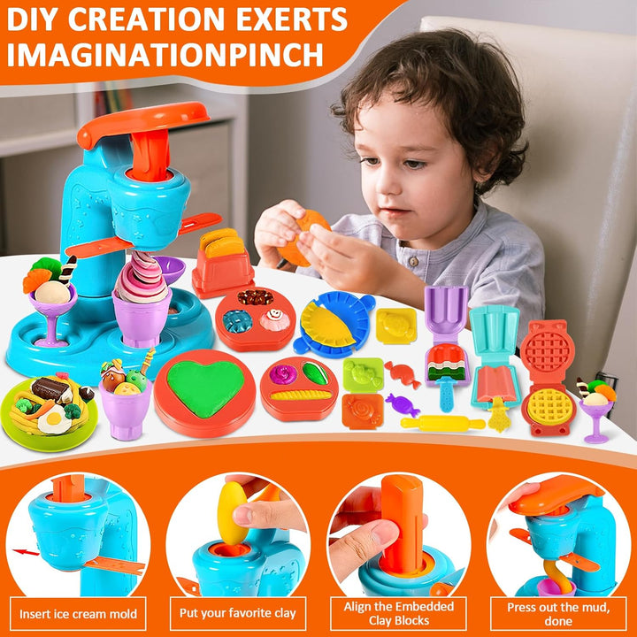 51 Stück Knete Dough Set für Kinder, Kitchen Creations Nudelmaschine Spielset Burger Eiscreme, Zubeh