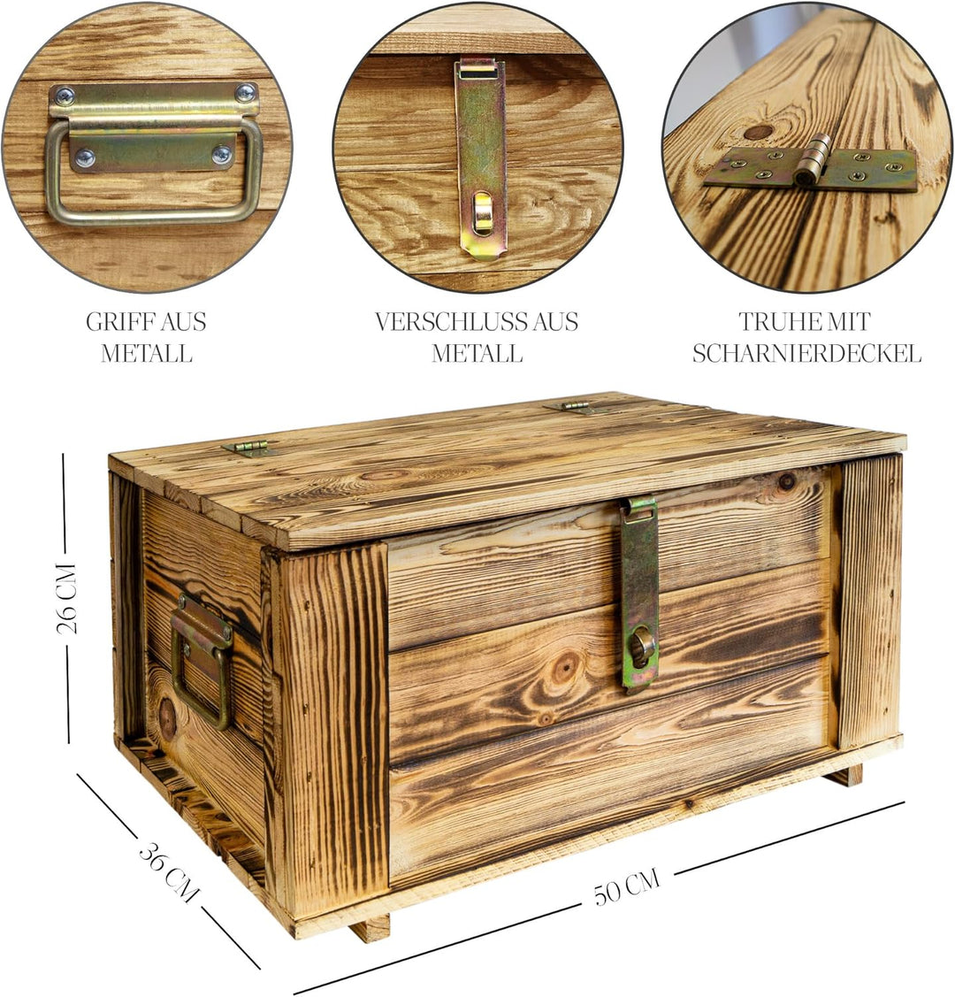 Kistenkolli Altes Land Holztruhe Hugo geflammt mit Deckel Holzkiste Schatzkiste Hochzeitskiste 50 x