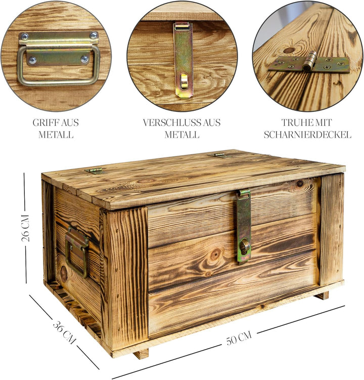 Kistenkolli Altes Land Holztruhe Hugo geflammt mit Deckel Holzkiste Schatzkiste Hochzeitskiste 50 x