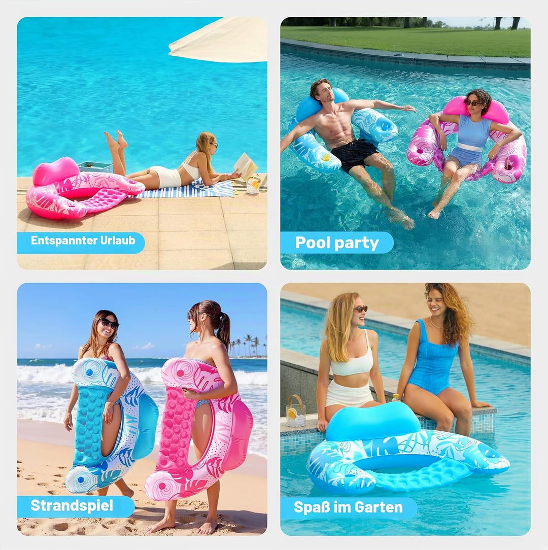 SLOOSH Aufblasbare Pool-Flösse für Erwachsene, 2er Poolstühle mit Getränkehaltern, aufblasbarer schw