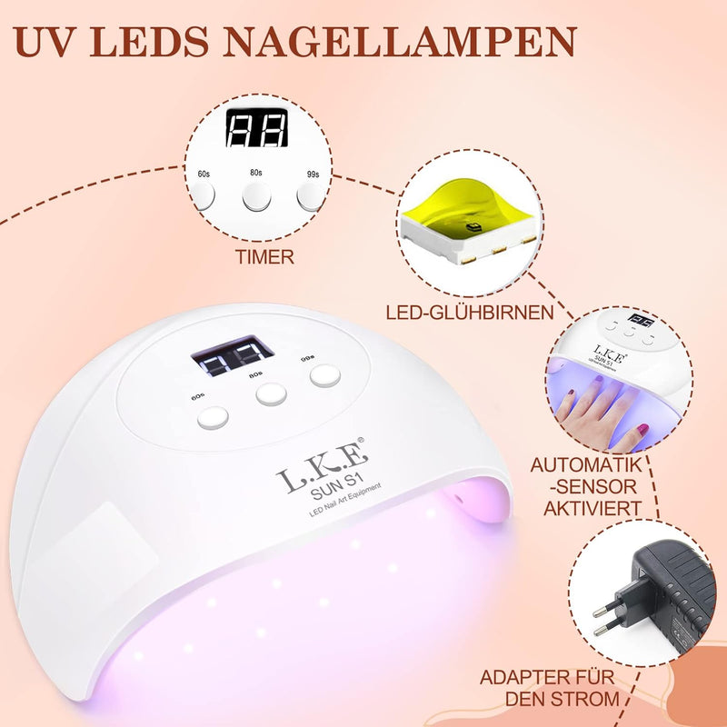 LKE Gel Set Starterset mit 72W UV LED lampe, 6 Farben Gel Nagellack Set mit Lampe Starter Kit, Klass