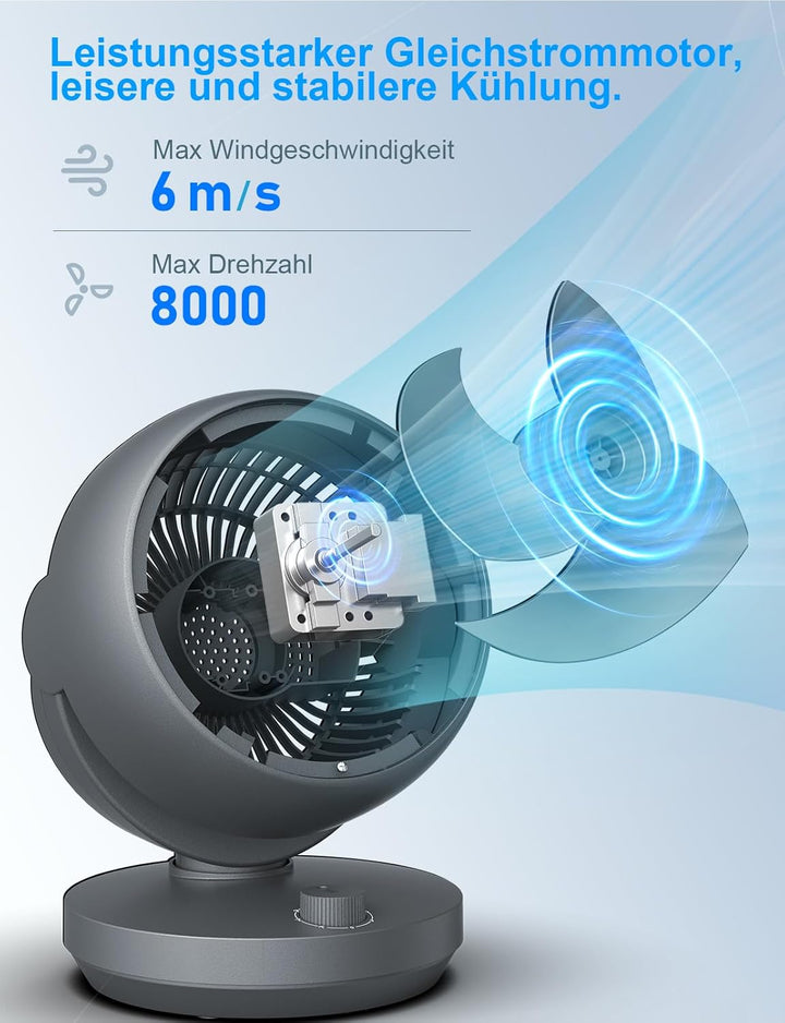 Ventilator Leise, 22dB Tischventilator mit Luftzirkulation, 3D Turbo Air Circulator, 3 Stufen & 100°