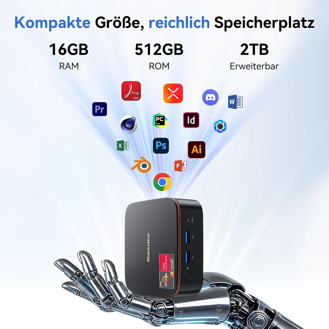 Blackview MP20 Mini PC, AMD Ryzen 3300U, 16GB DDR4 512GB SSD, Windows 11 Pro Mini Desktop PC, kompak